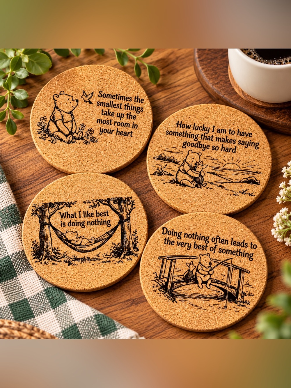 Winnie the Pooh Cork Coasters Set - Natural Brown
